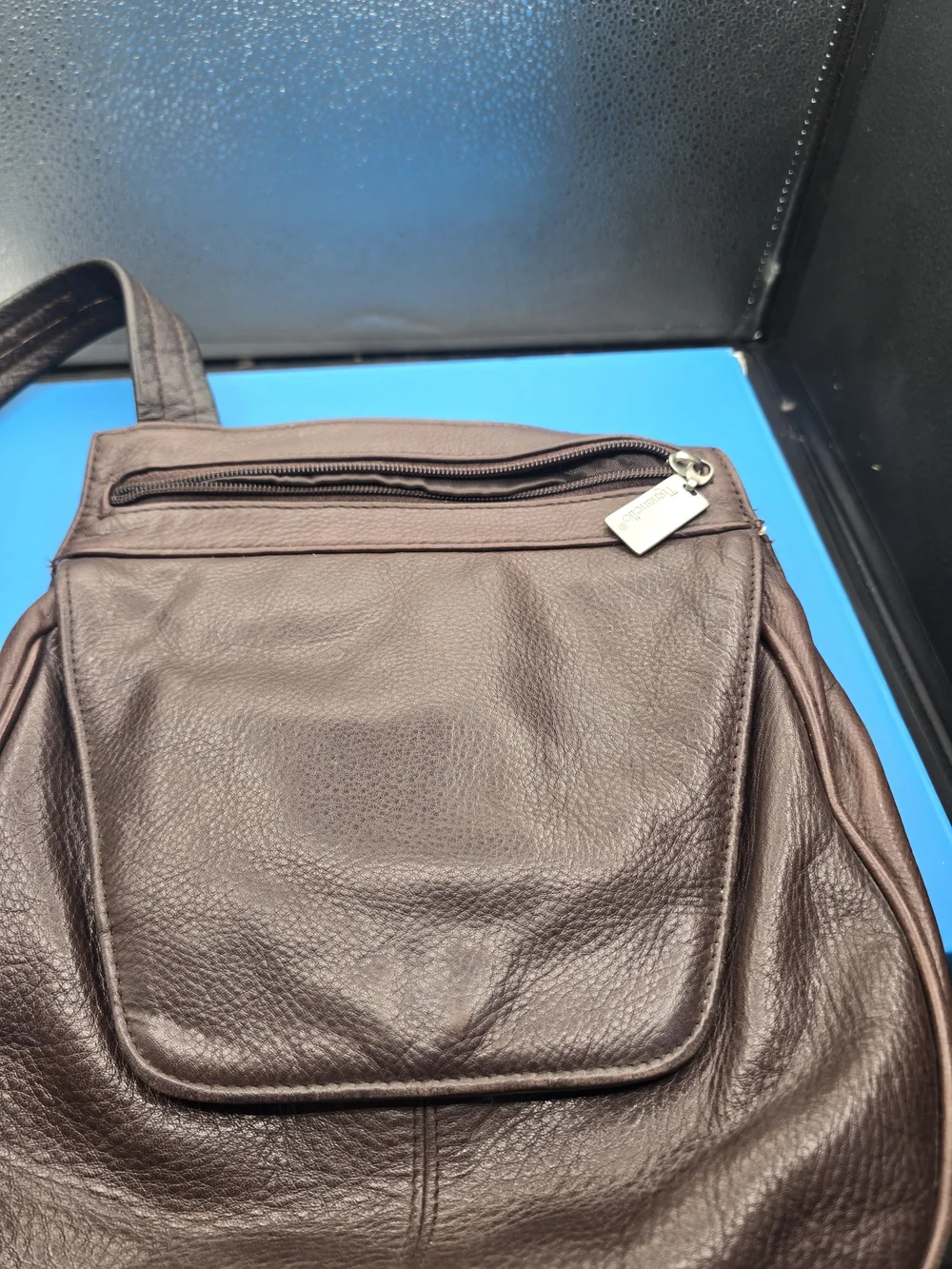 Tangerine Dark Brown Leather Messenger Bag with Front Zip